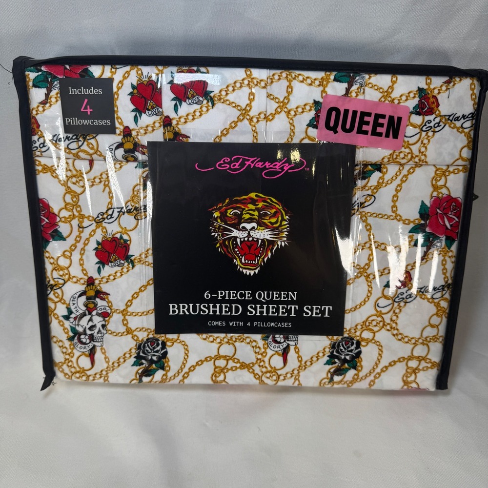 Ed Hardy Queen Sheet Set 6 Piece Double Brushed Tattoo Print Roses Skulls White